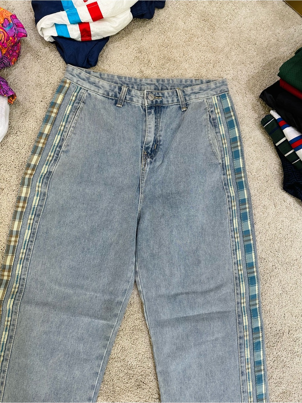 Men's Light Blue Denim Jeans with Plaid Side Panels